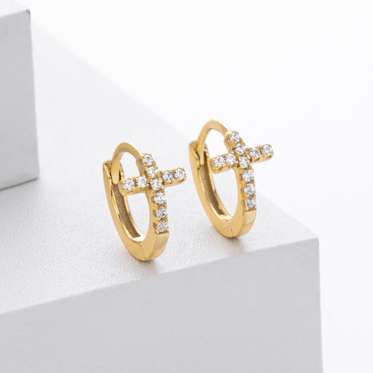 CZ Cross Huggie Hoop Sterling Silver Earrings