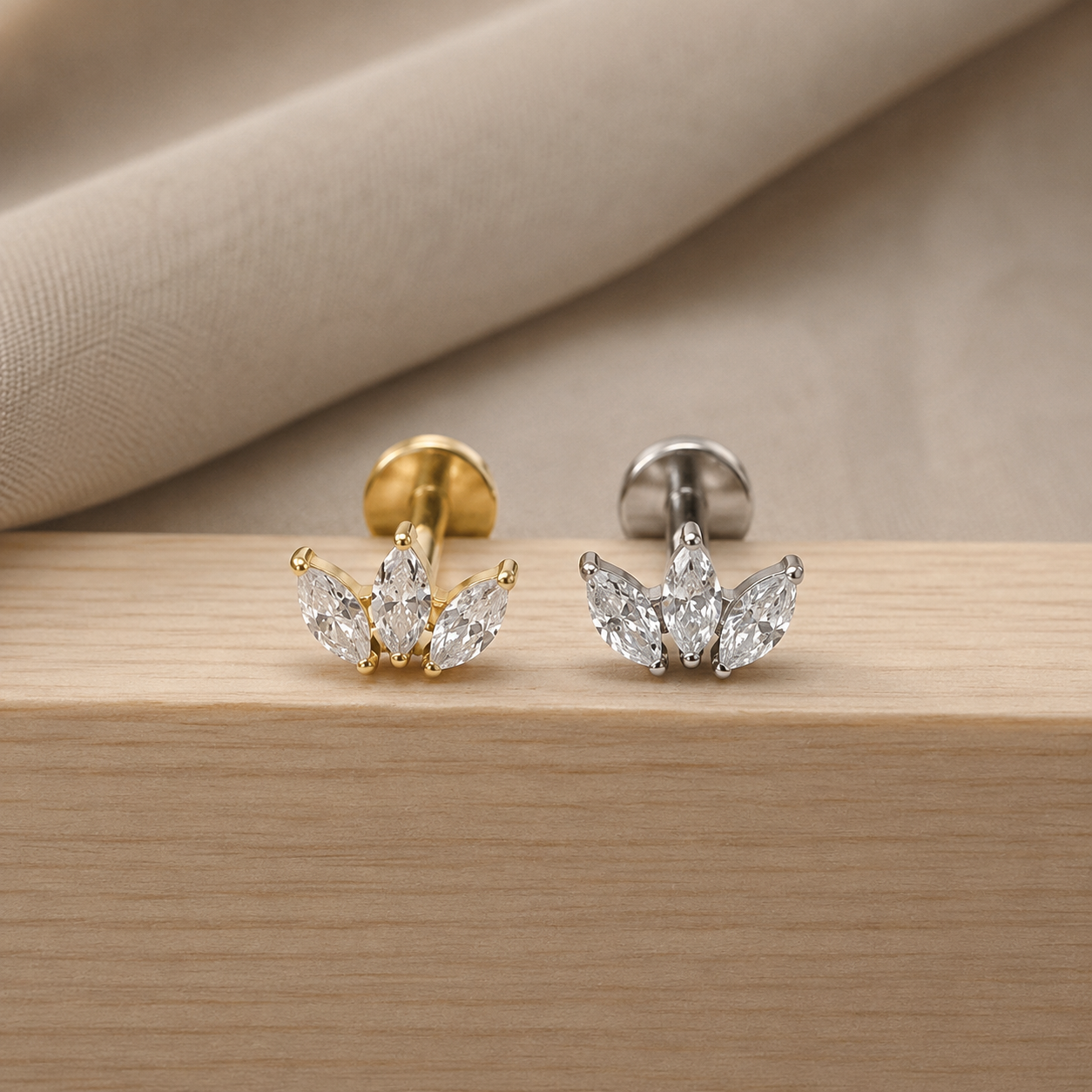 F136 Titanium CZ Three Leaf Flat Back Stud