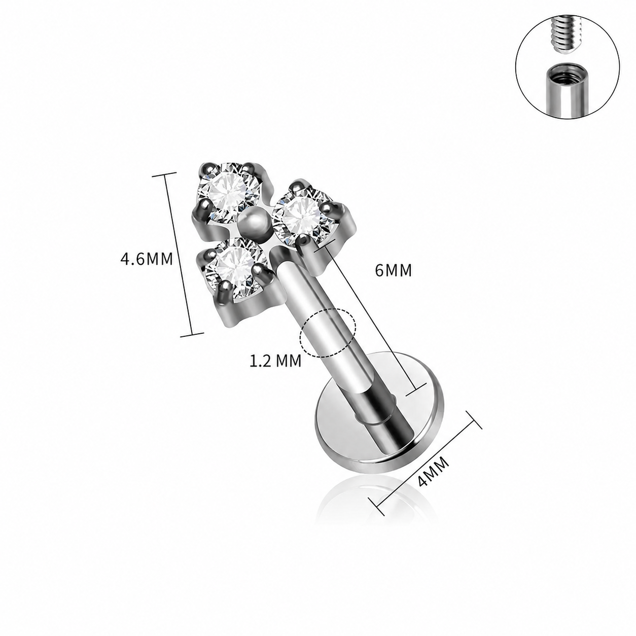 Titanium Triple CZ Clover Flat Back Stud