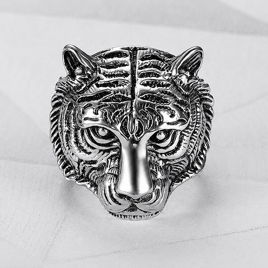 Stainless Steel Tiger Head Ring - Silver