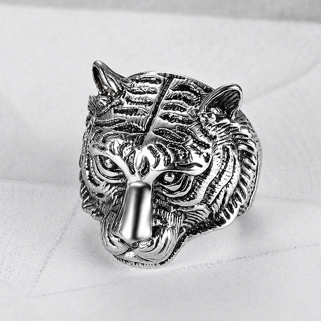Stainless Steel Tiger Head Ring - Silver