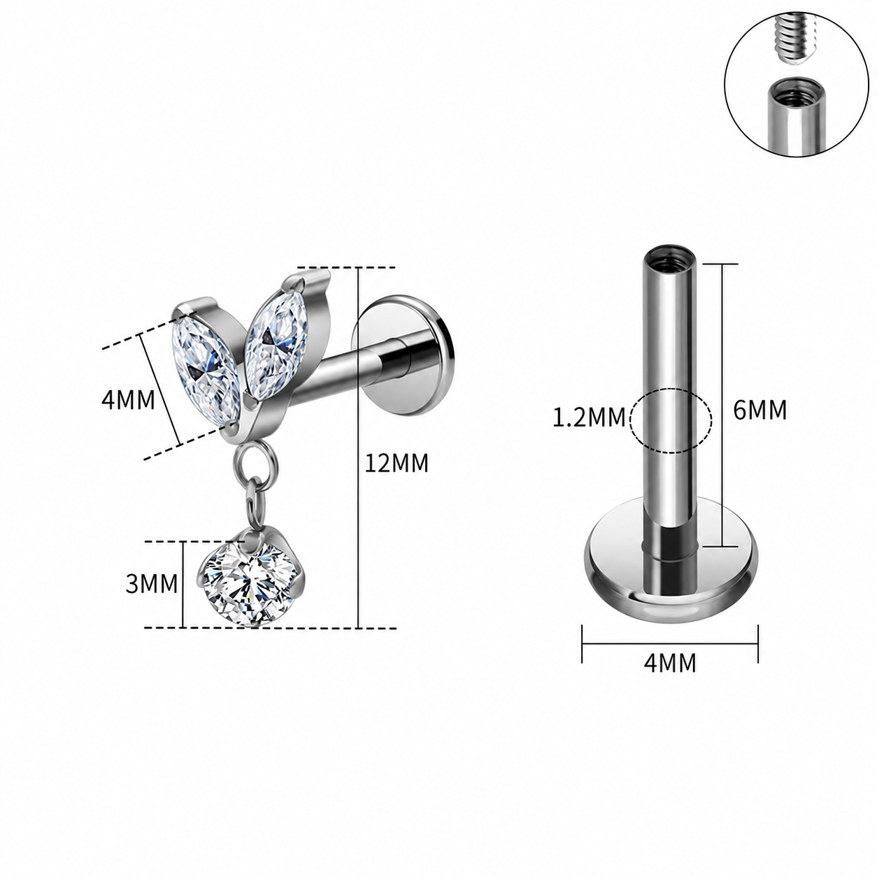 Titanium Marquise Drop CZ Flat Back Stud