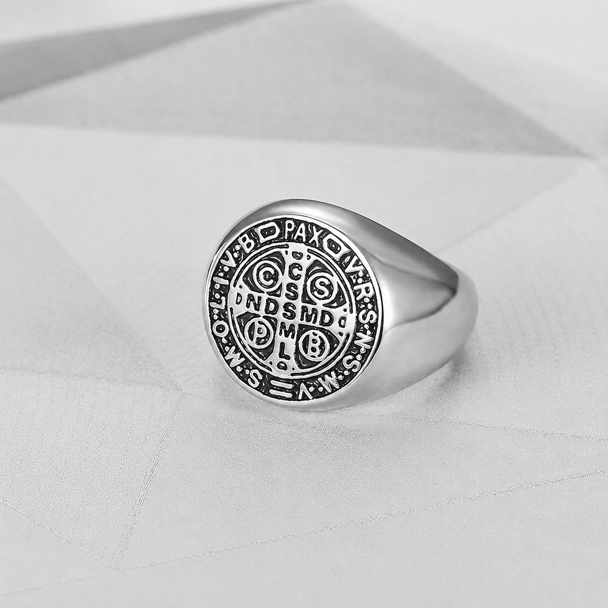Stainless Steel Saint Benedict Ring - Silver