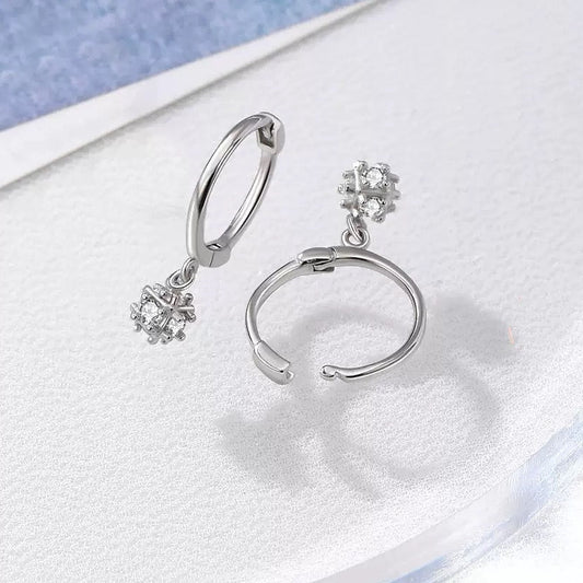 CZ Snowflake Drop Huggie Hoop Sterling Silver Earrings