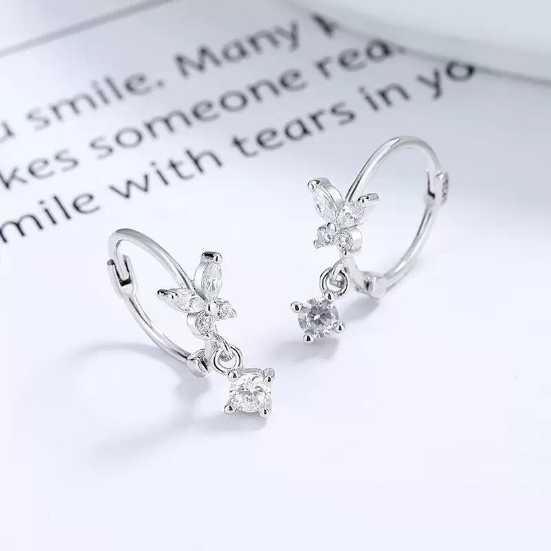 Sterling Silver CZ Butterfly & Crystal Drop Huggie Hoop Earrings