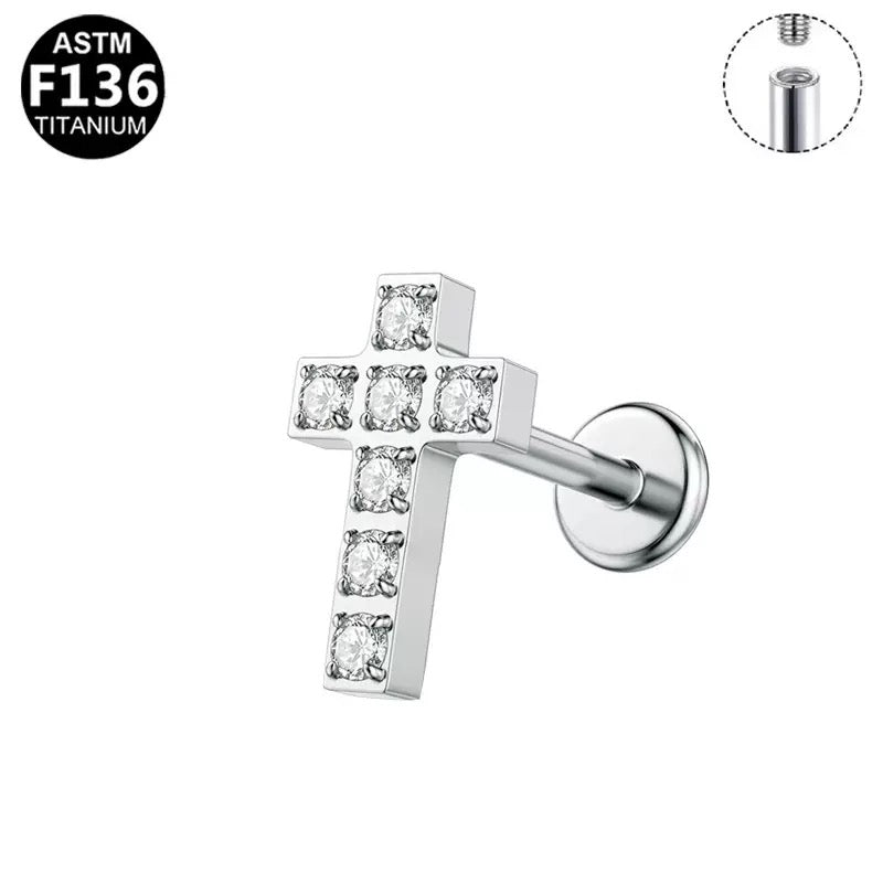 Titanium CZ Cross Flat Back Stud