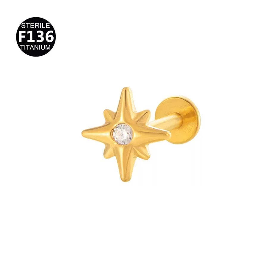 F136 Titanium CZ North Star Flat Back Stud