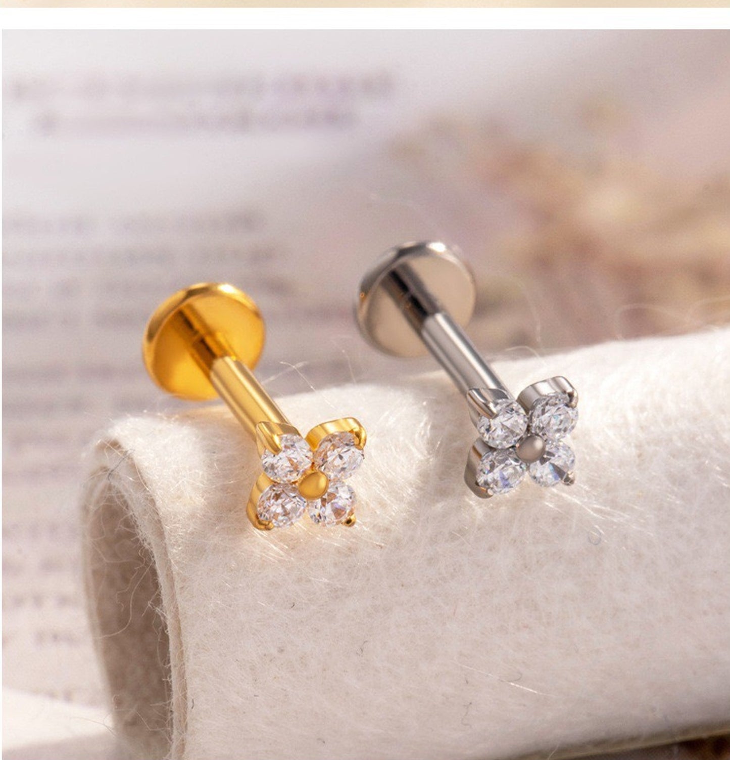F136 Titanium CZ Flower Flat Back Stud