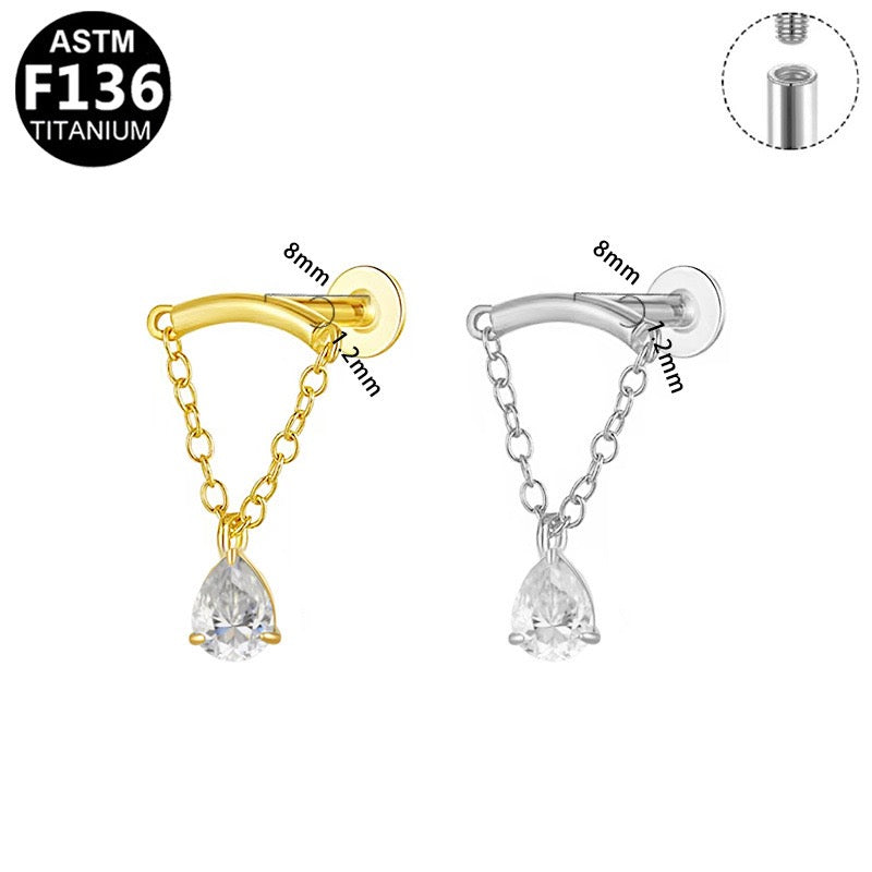 ASTM F136 Titanium CZ Chain Dangle Flat Back Stud