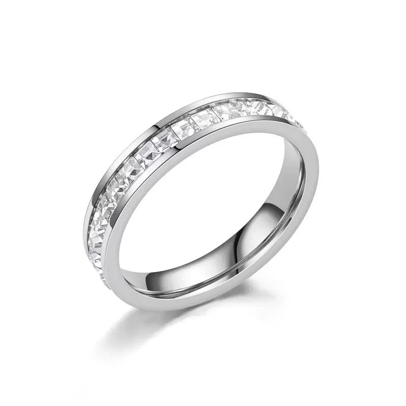 Stainless Steel Princess Cut CZ Eternity Ring – Crystal Band Ring