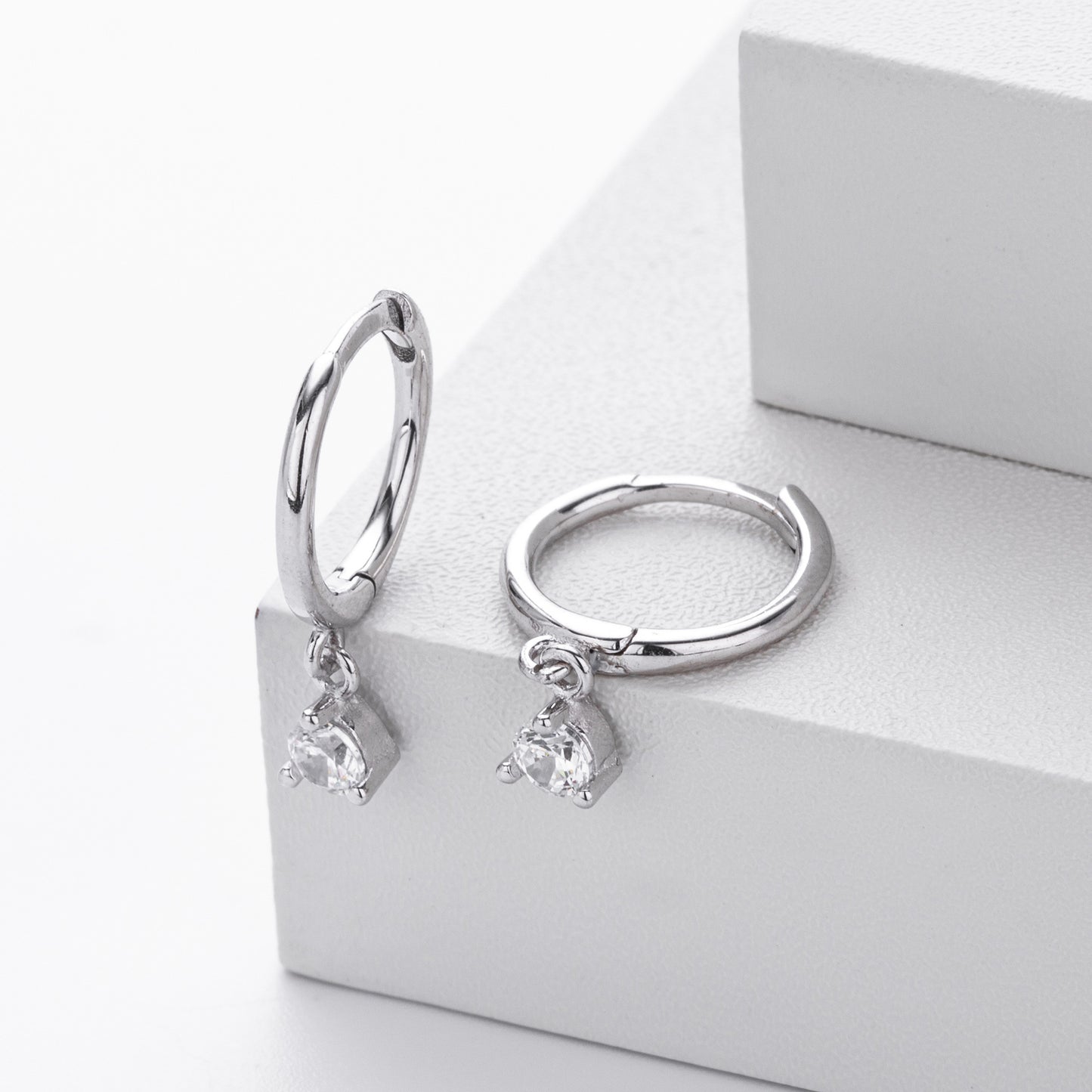 Sterling Silver CZ Solitaire Drop Huggie Hoop Earrings