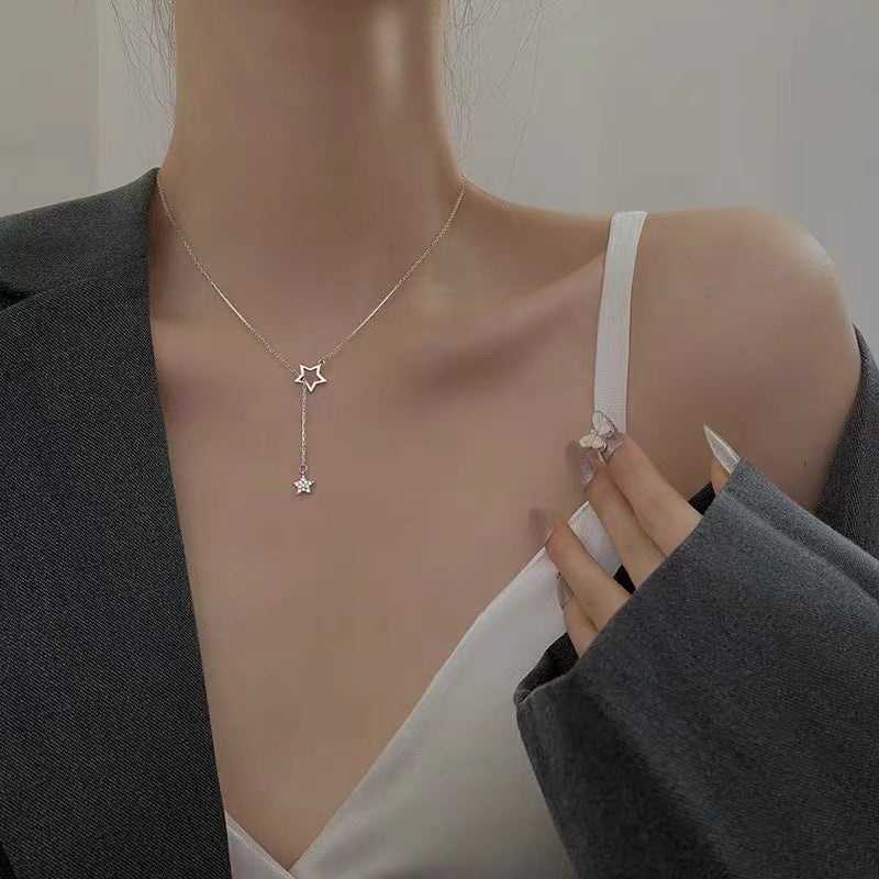 Sterling Silver CZ Double Star Lariat Necklace