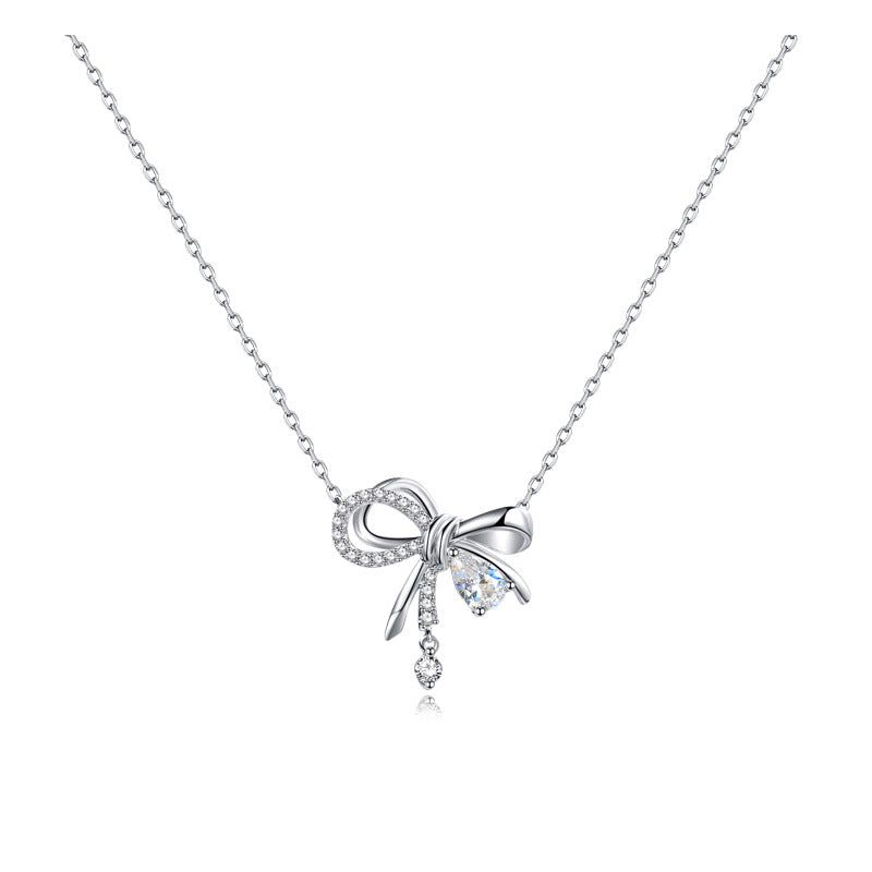 Sterling Silver CZ Bow & Teardrop Pendant Necklace