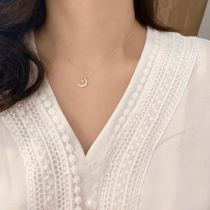 Sterling Silver CZ Moon & Star Necklace