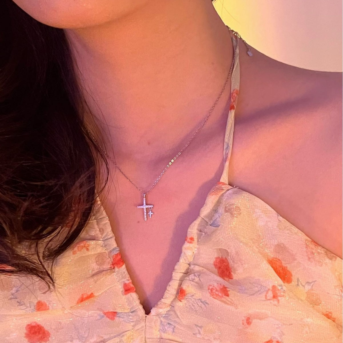 Sterling Silver CZ Double Cross Necklace