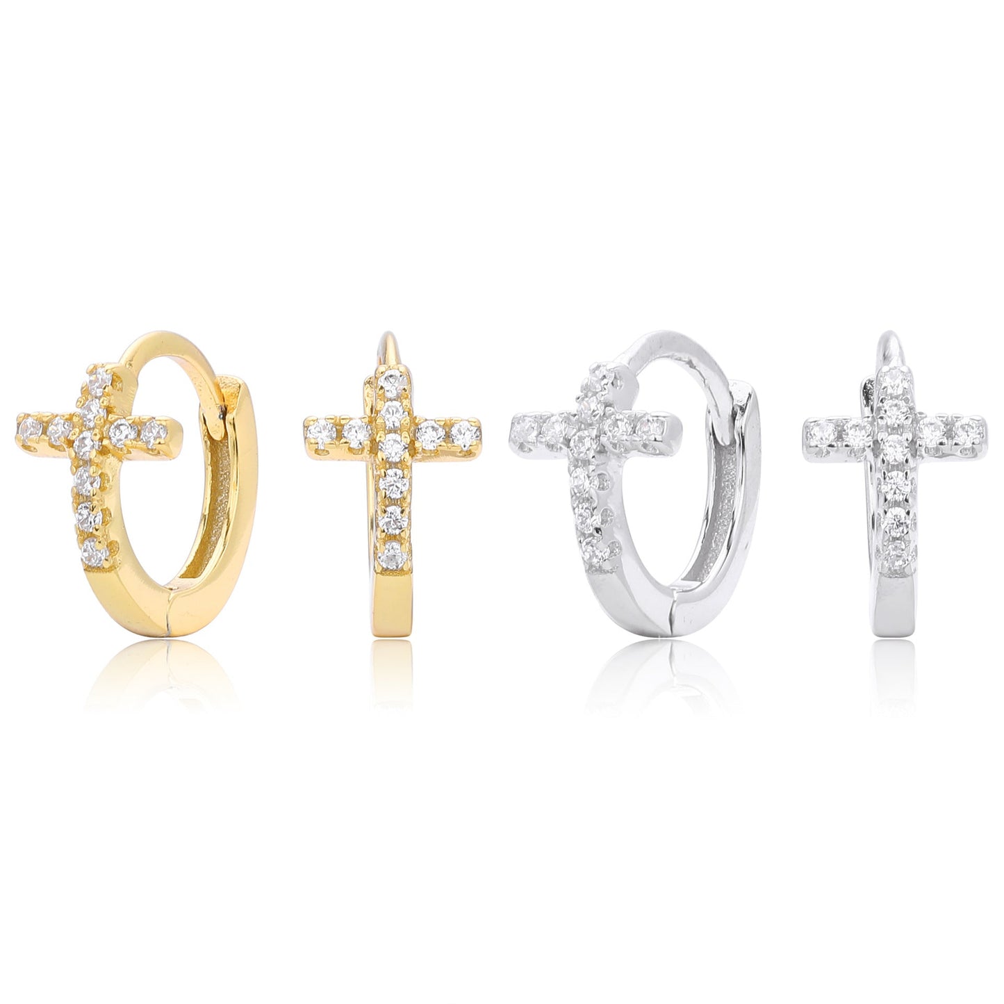CZ Cross Huggie Hoop Sterling Silver Earrings