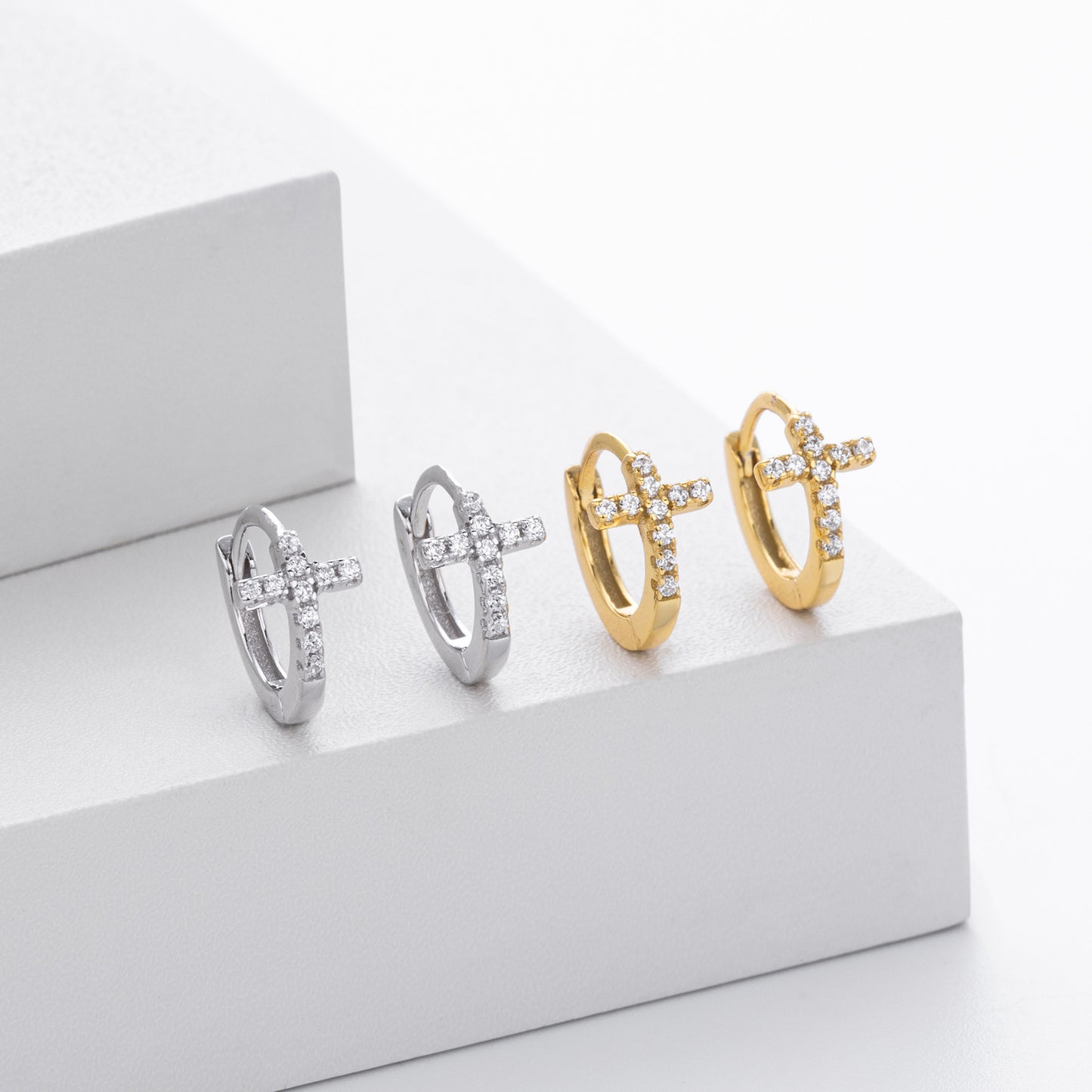 CZ Cross Huggie Hoop Sterling Silver Earrings