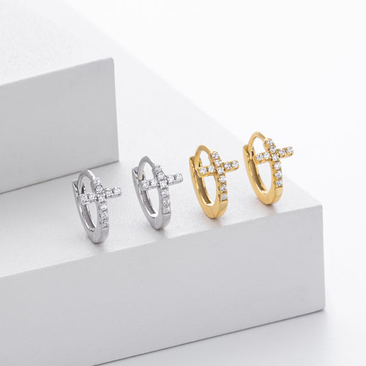 CZ Cross Huggie Hoop Sterling Silver Earrings