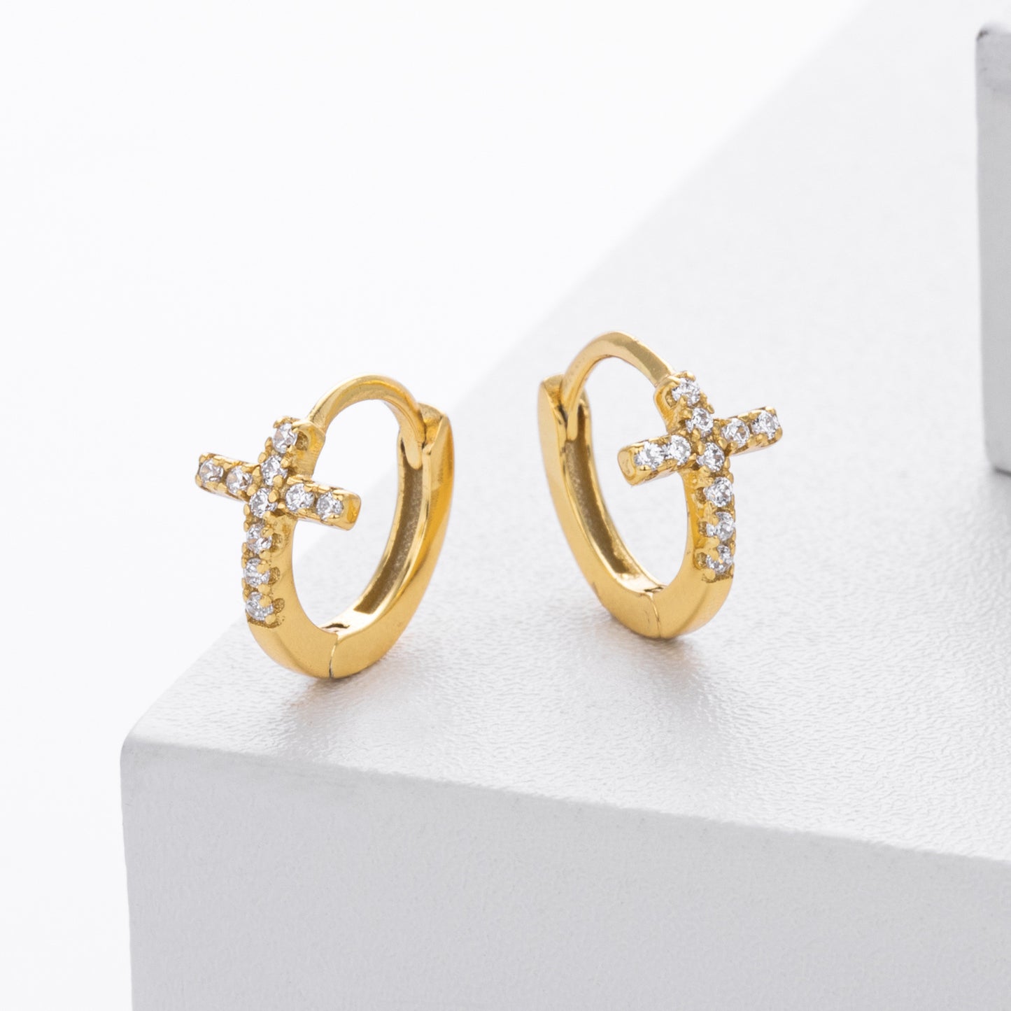 CZ Cross Huggie Hoop Sterling Silver Earrings