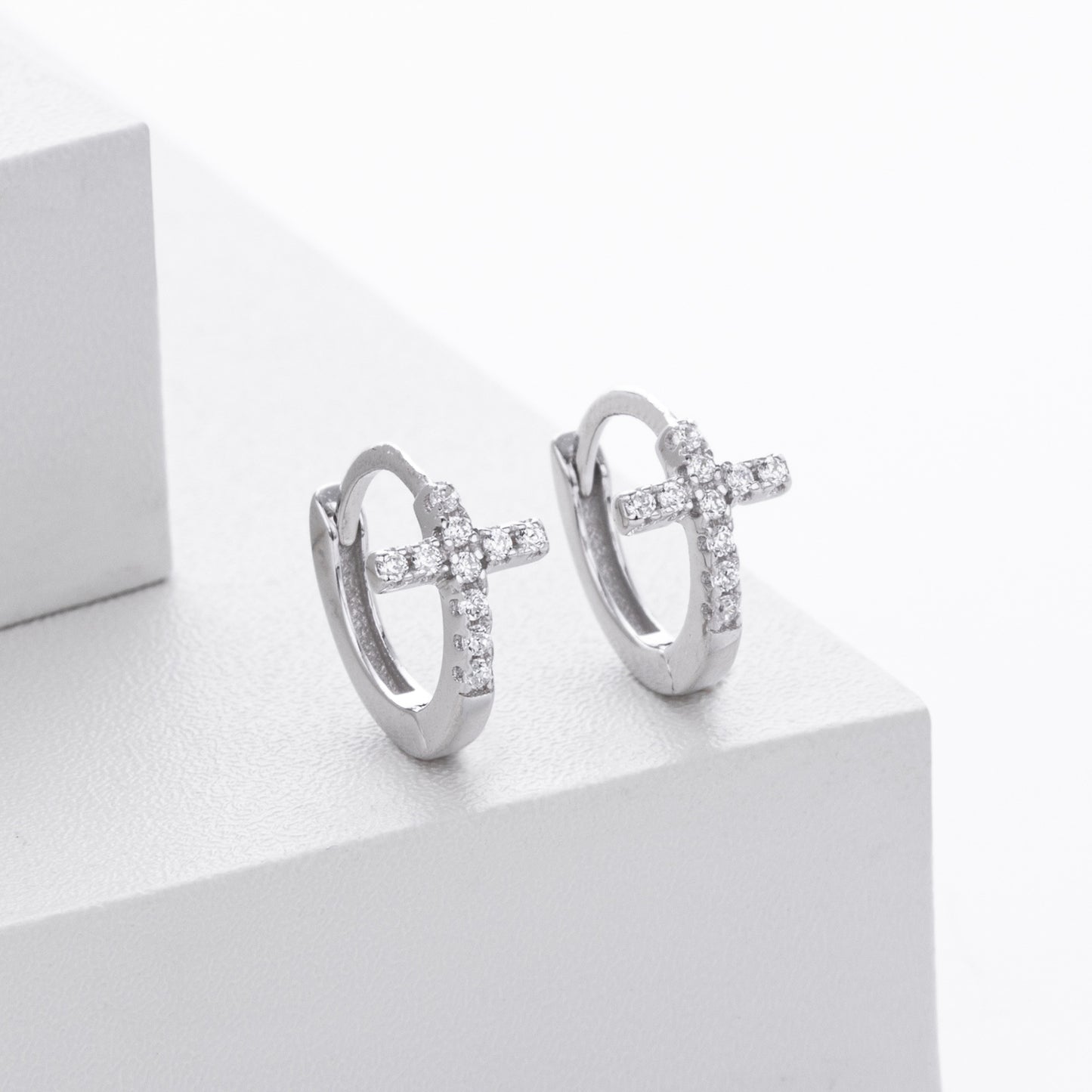CZ Cross Huggie Hoop Sterling Silver Earrings