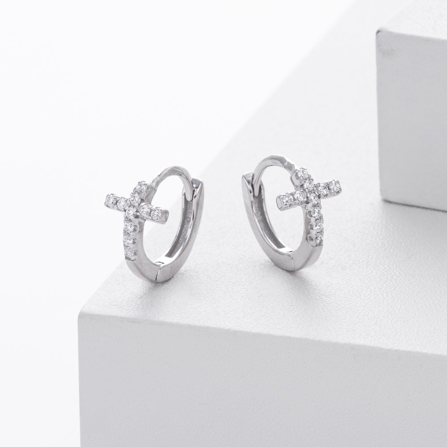 CZ Cross Huggie Hoop Sterling Silver Earrings