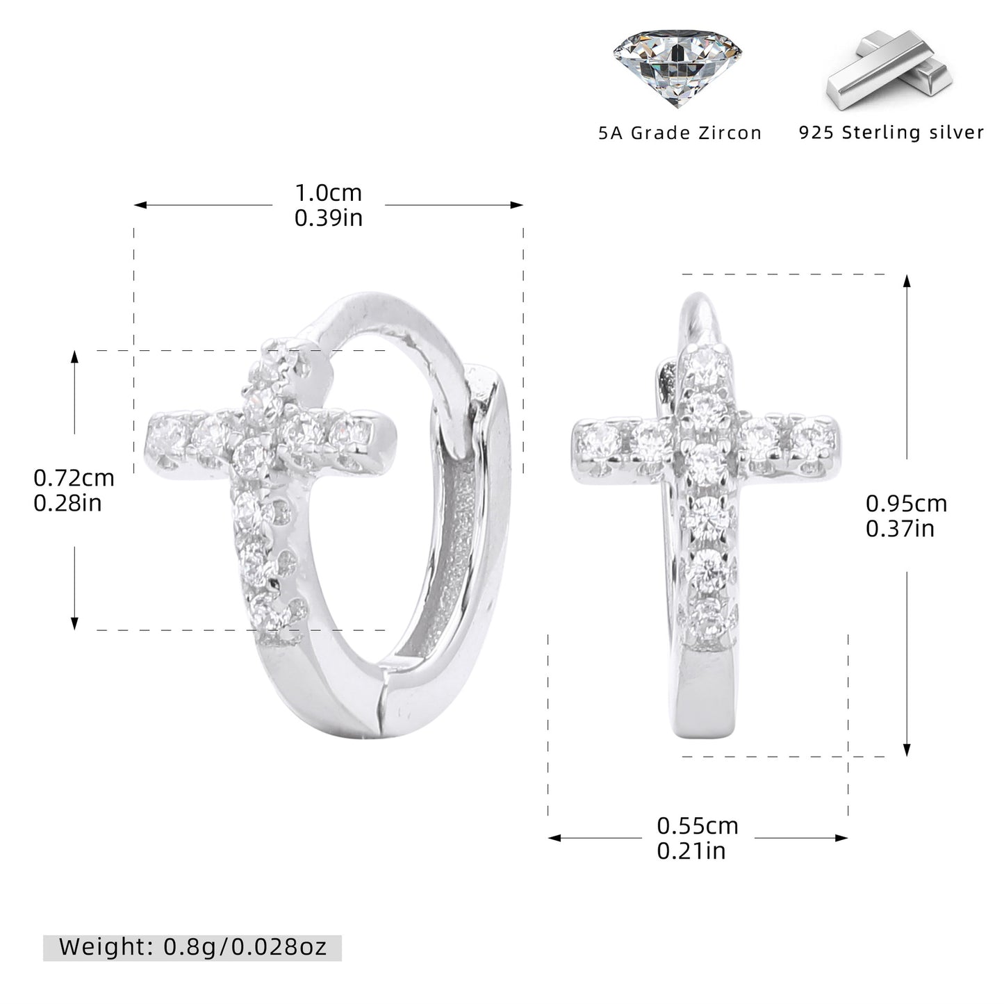 CZ Cross Huggie Hoop Sterling Silver Earrings