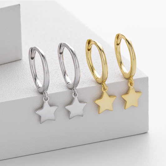 Sterling Silver Star Charm Huggie Hoop Earrings