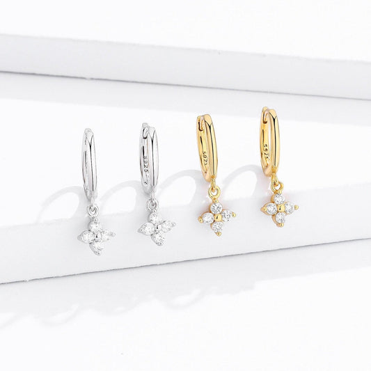 Sterling Silver CZ Flower Huggie Hoop Earrings
