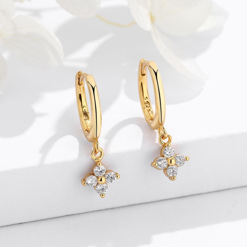 Sterling Silver CZ Flower Huggie Hoop Earrings
