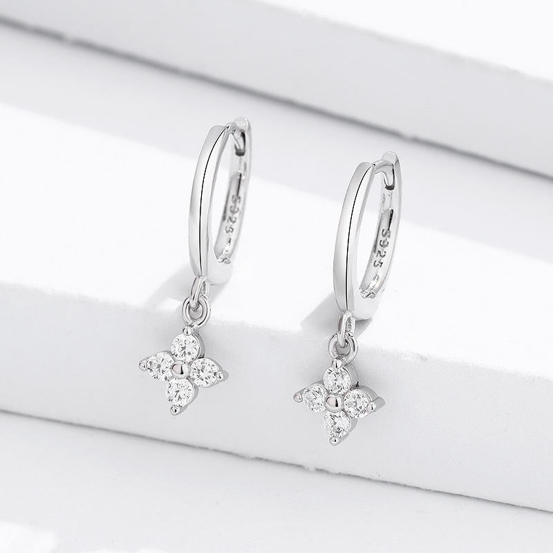 Sterling Silver CZ Flower Huggie Hoop Earrings