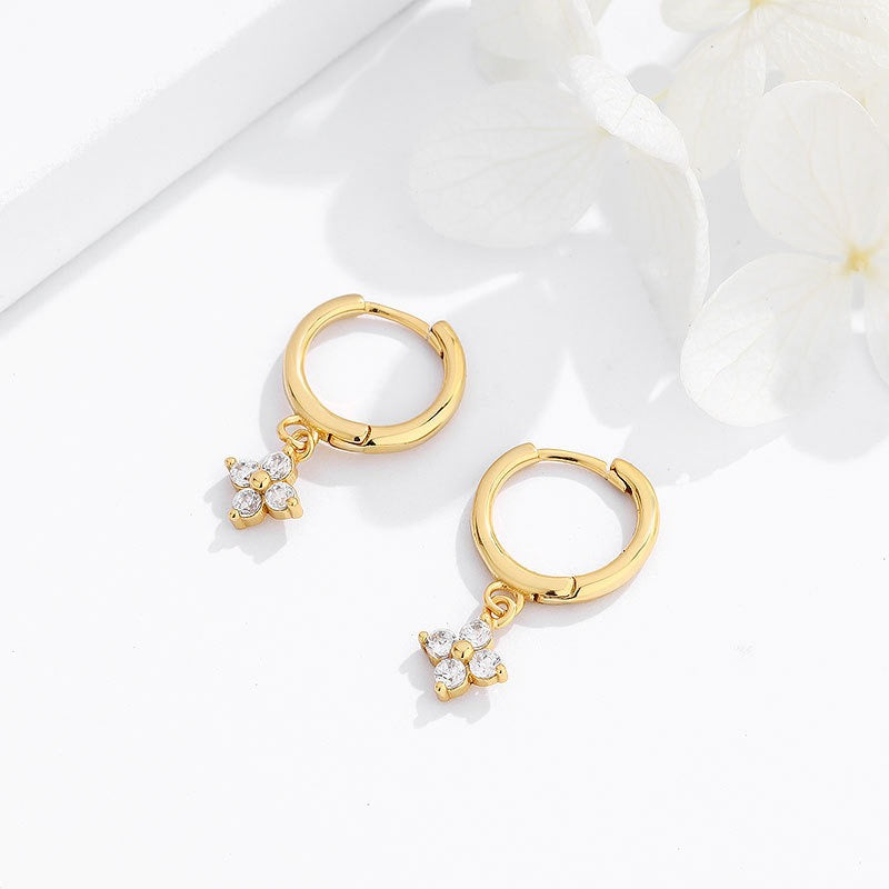 Sterling Silver CZ Flower Huggie Hoop Earrings