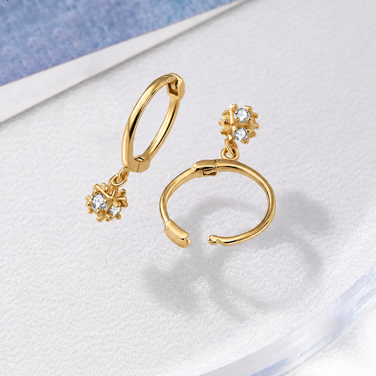 CZ Snowflake Drop Huggie Hoop Sterling Silver Earrings
