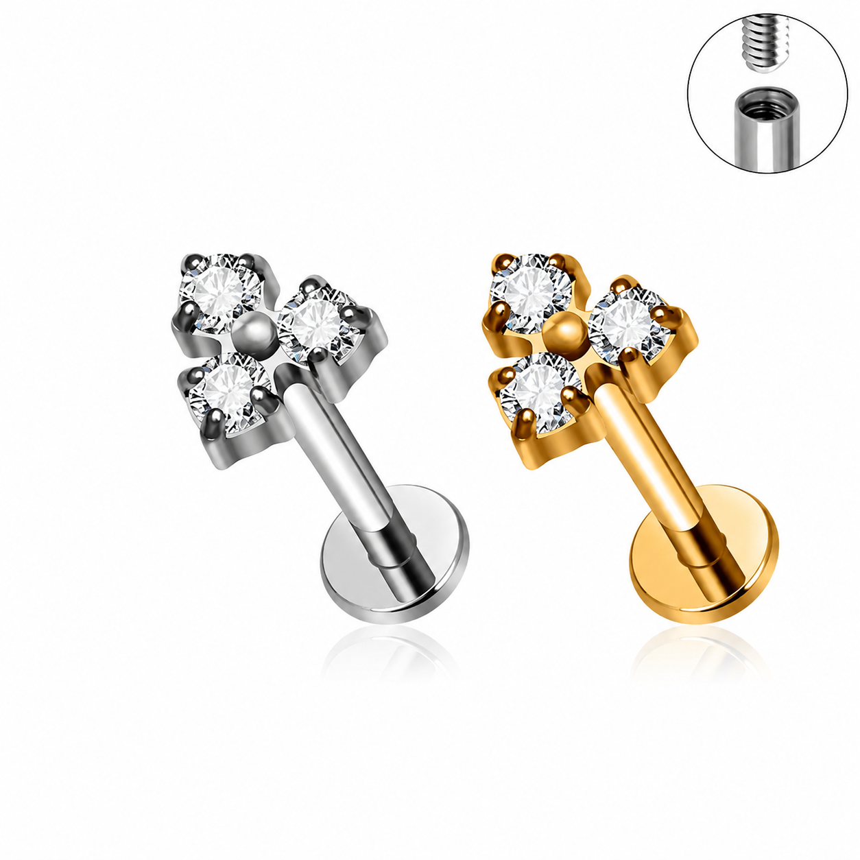 Titanium Triple CZ Clover Flat Back Stud
