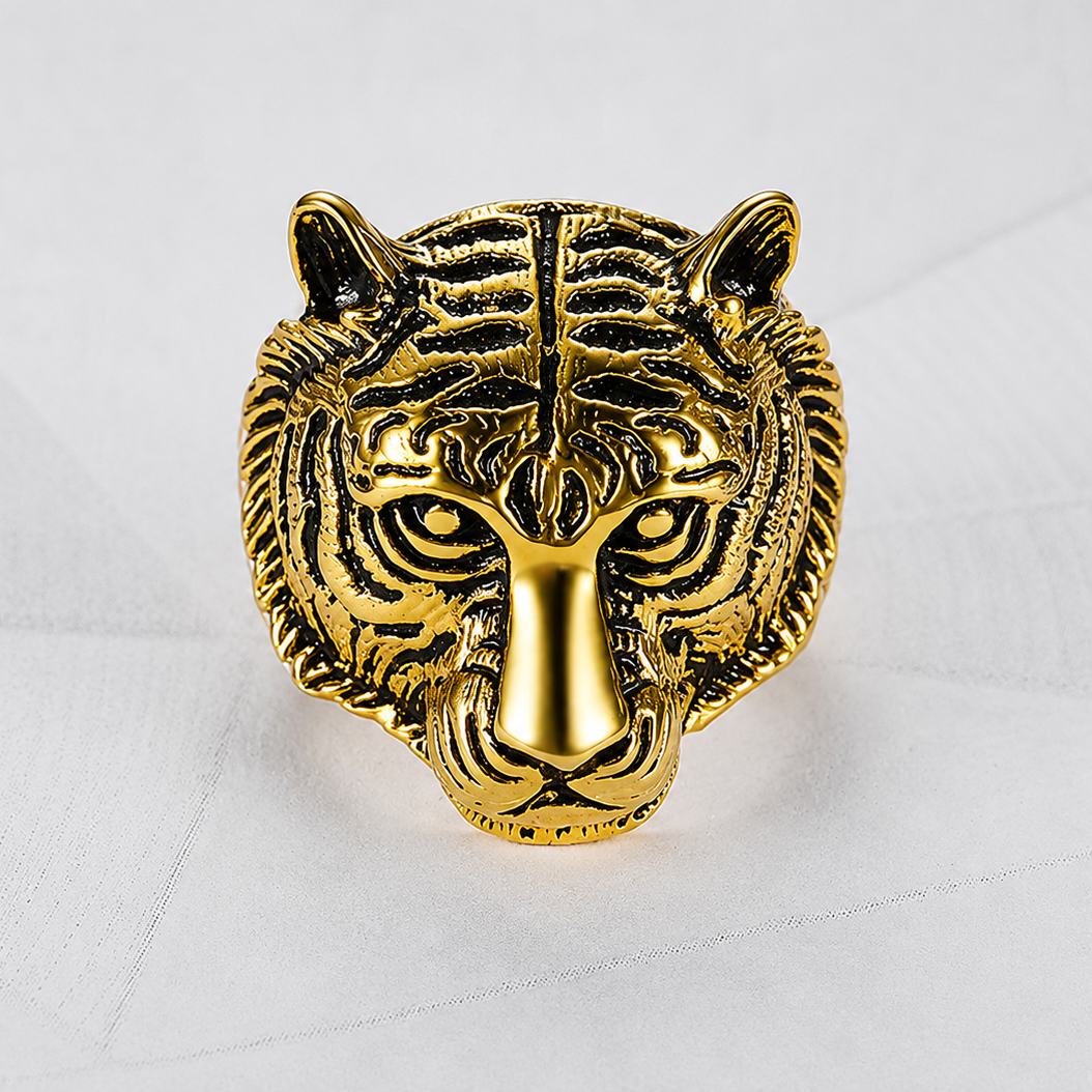Stainless Steel Tiger Head Ring - Gold