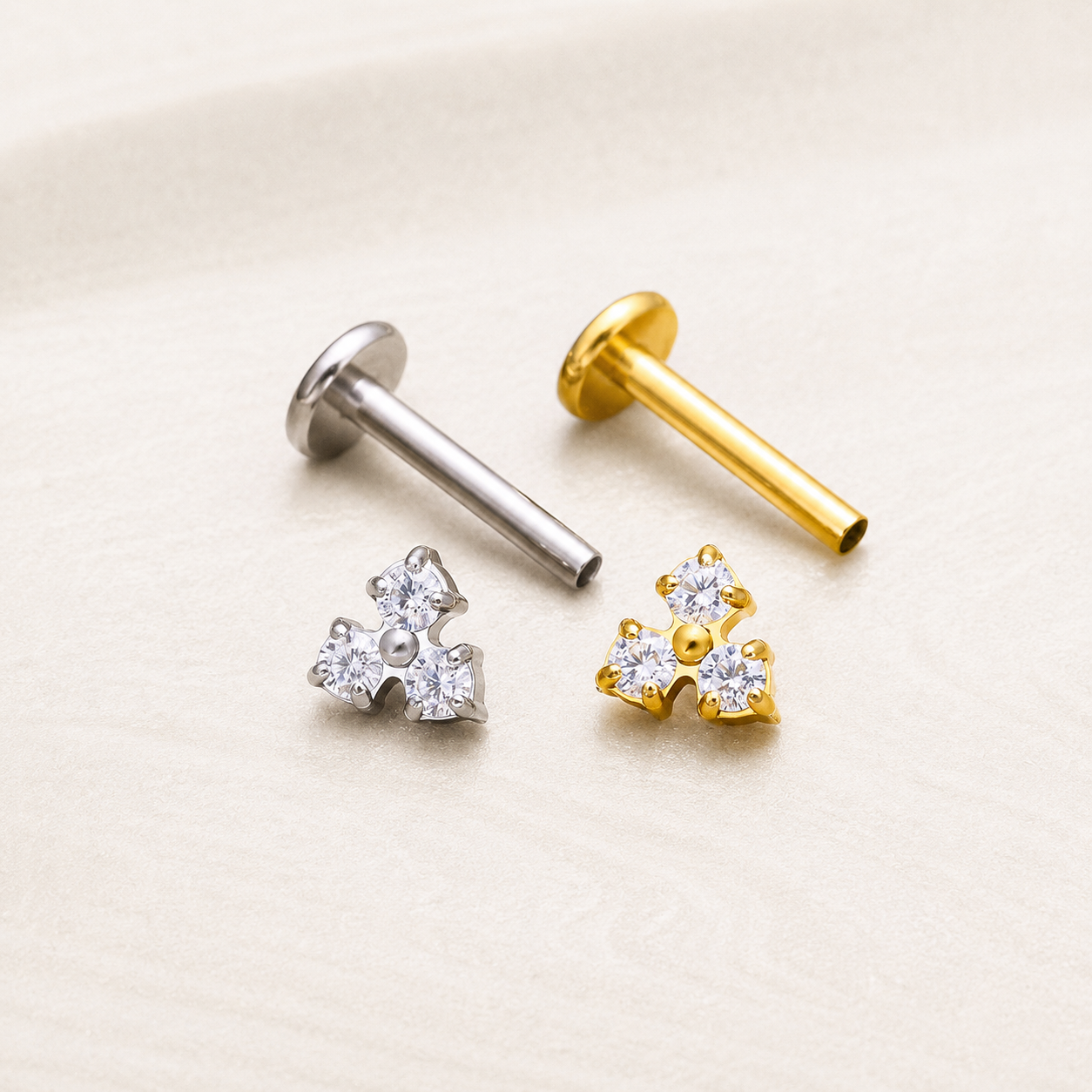 Titanium Triple CZ Clover Flat Back Stud