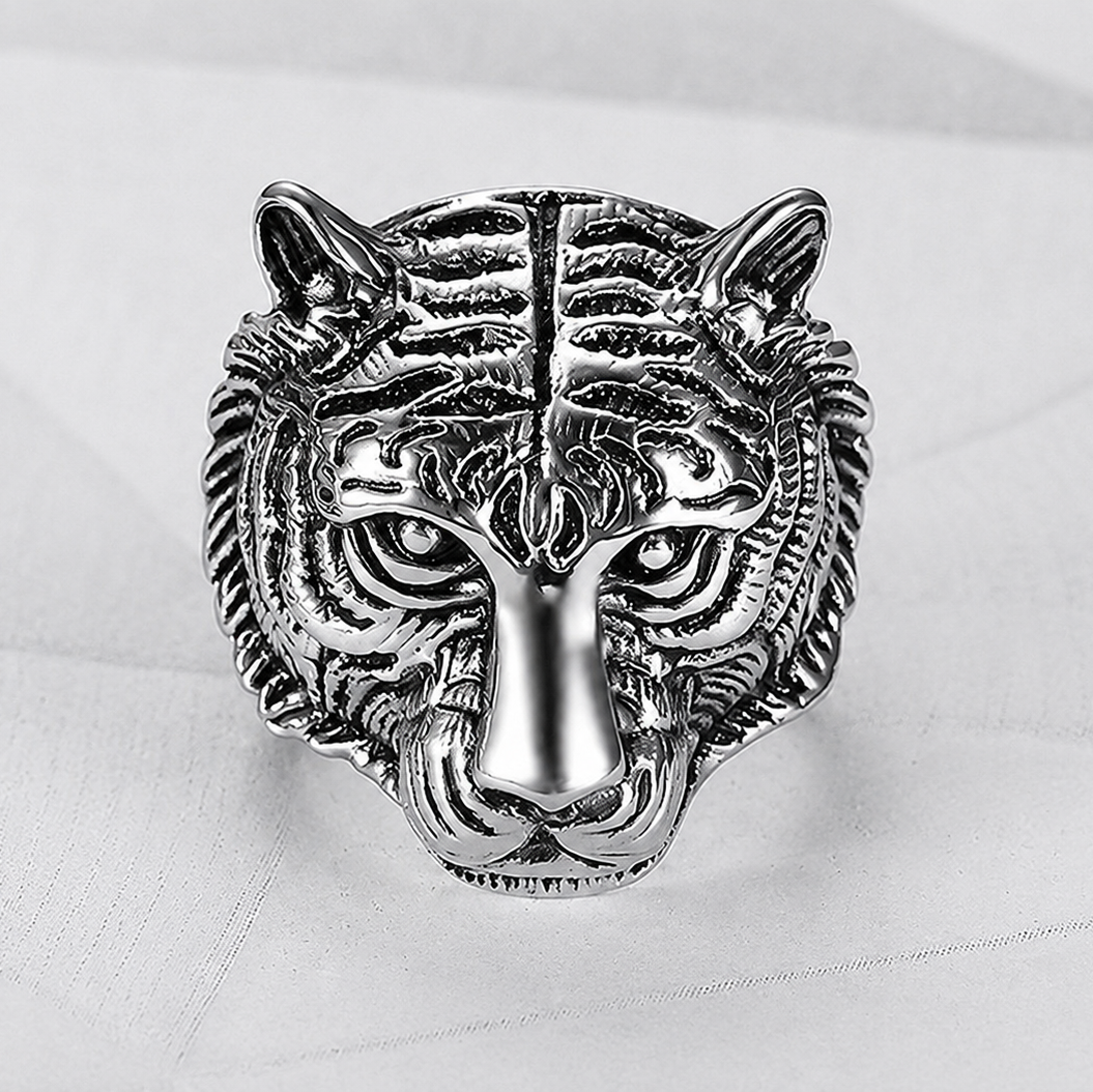 Stainless Steel Tiger Head Ring - Silver