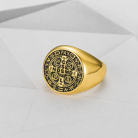 Stainless Steel Saint Benedict Ring - Gold