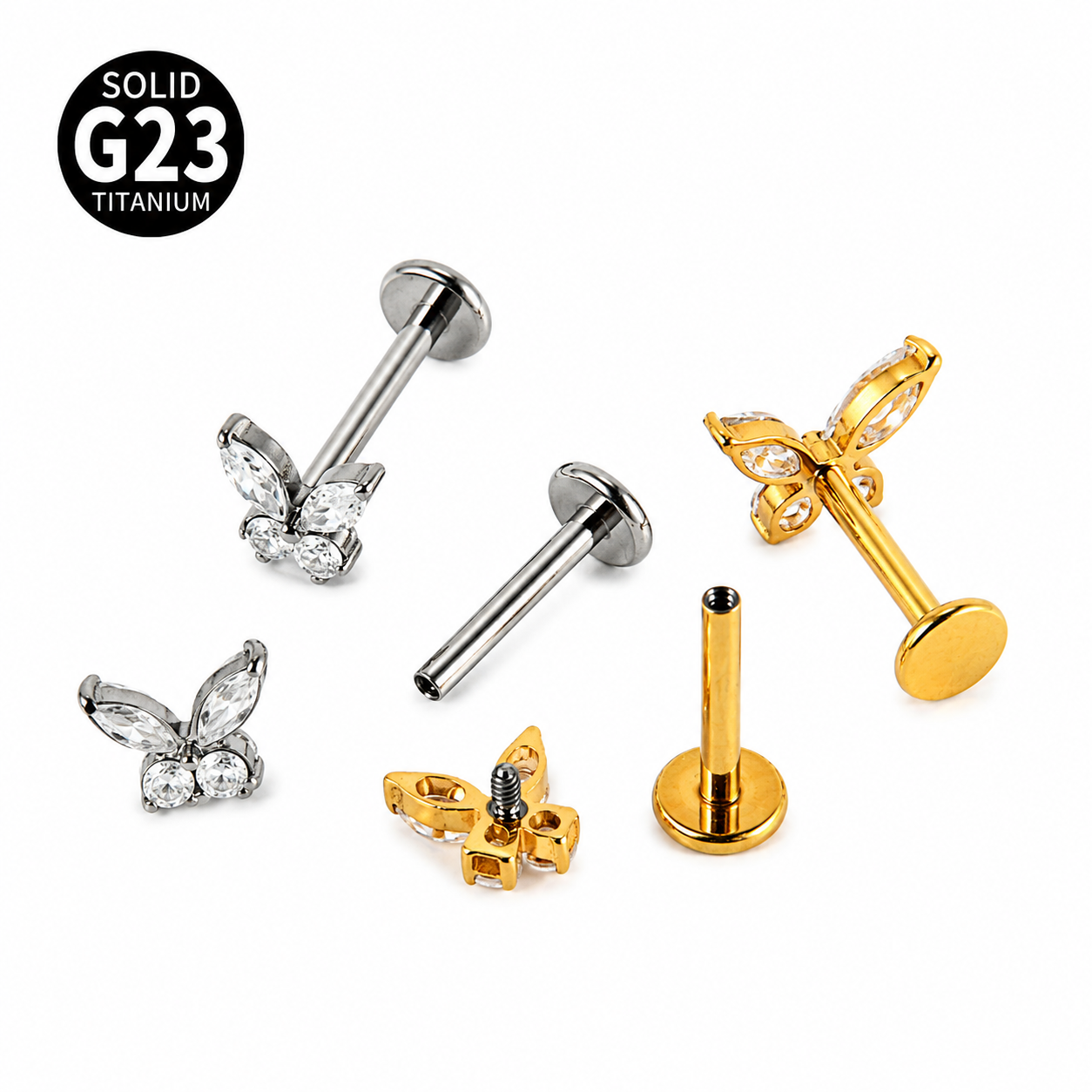 F136 Titanium CZ Butterfly Flat Back Stud