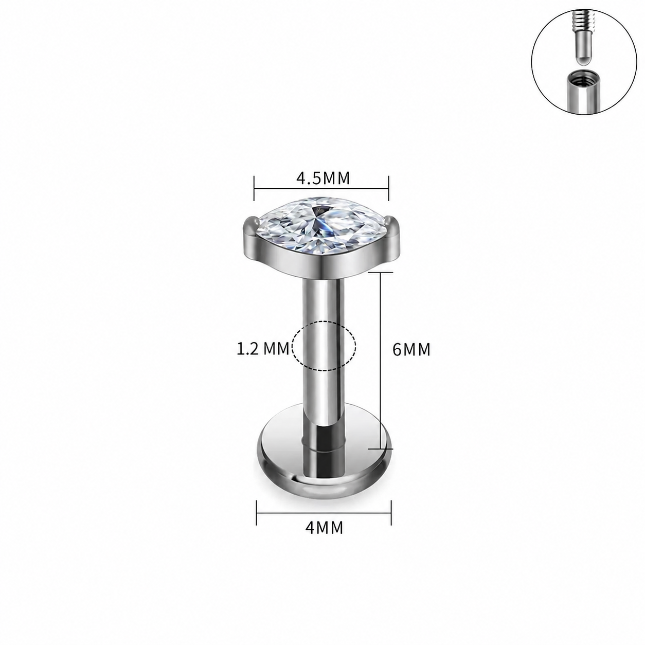 Titanium Marquise CZ Flat Back Stud