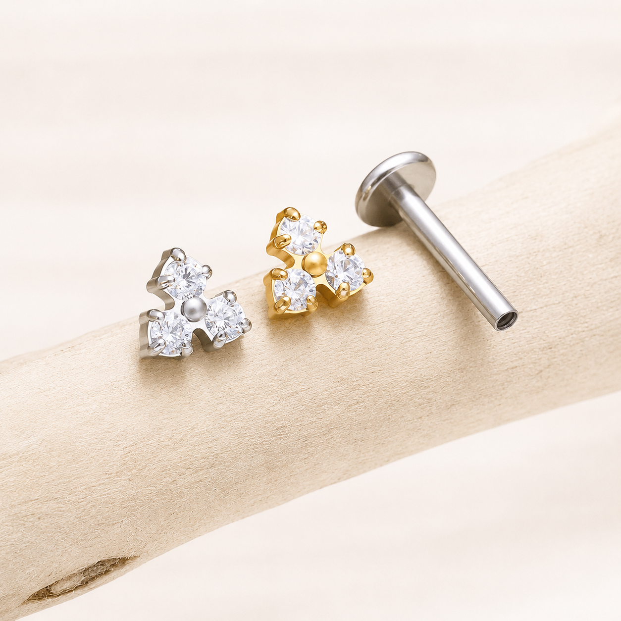 Titanium Triple CZ Clover Flat Back Stud