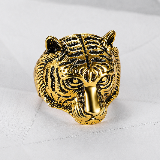 Stainless Steel Tiger Head Ring - Gold