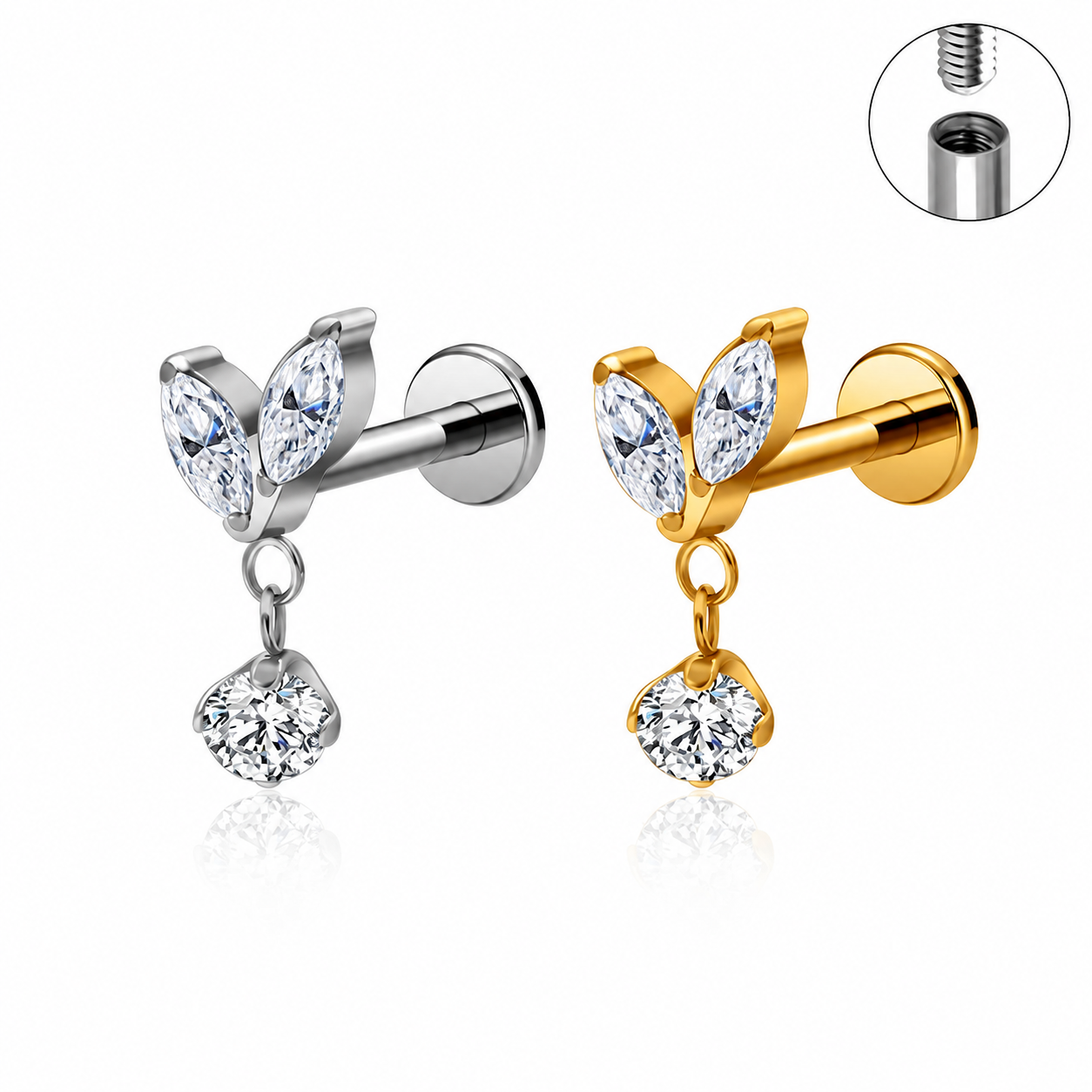 Titanium Marquise Drop CZ Flat Back Stud