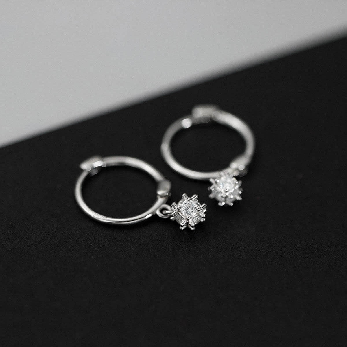 CZ Snowflake Drop Huggie Hoop Sterling Silver Earrings