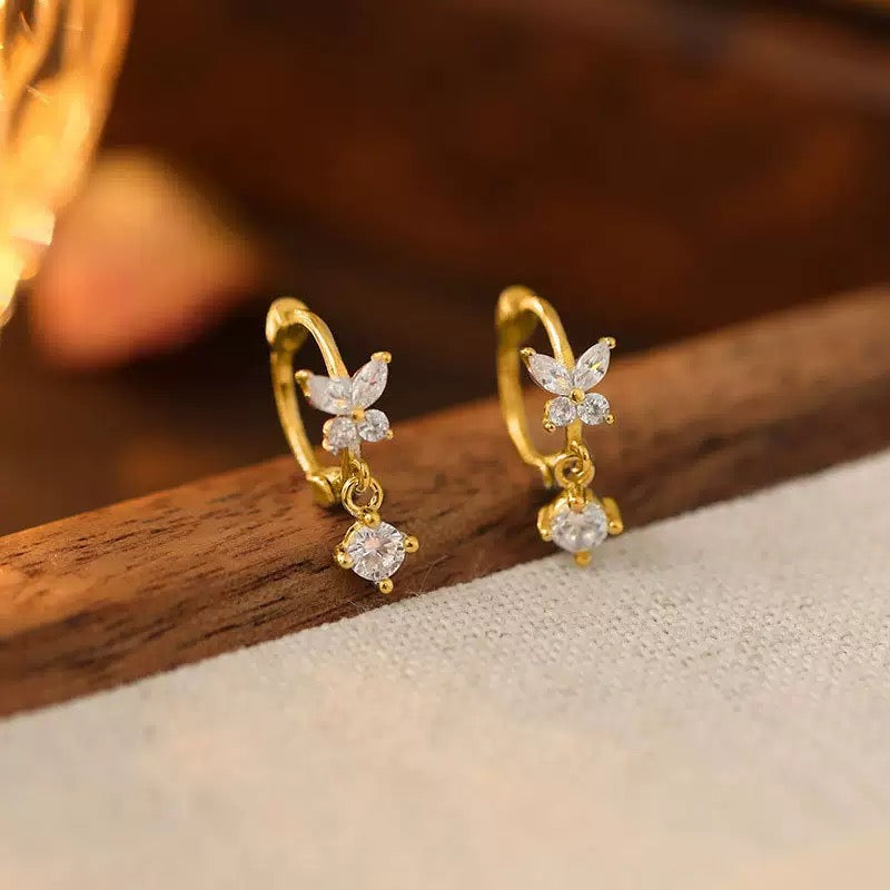 Sterling Silver CZ Butterfly & Crystal Drop Huggie Hoop Earrings