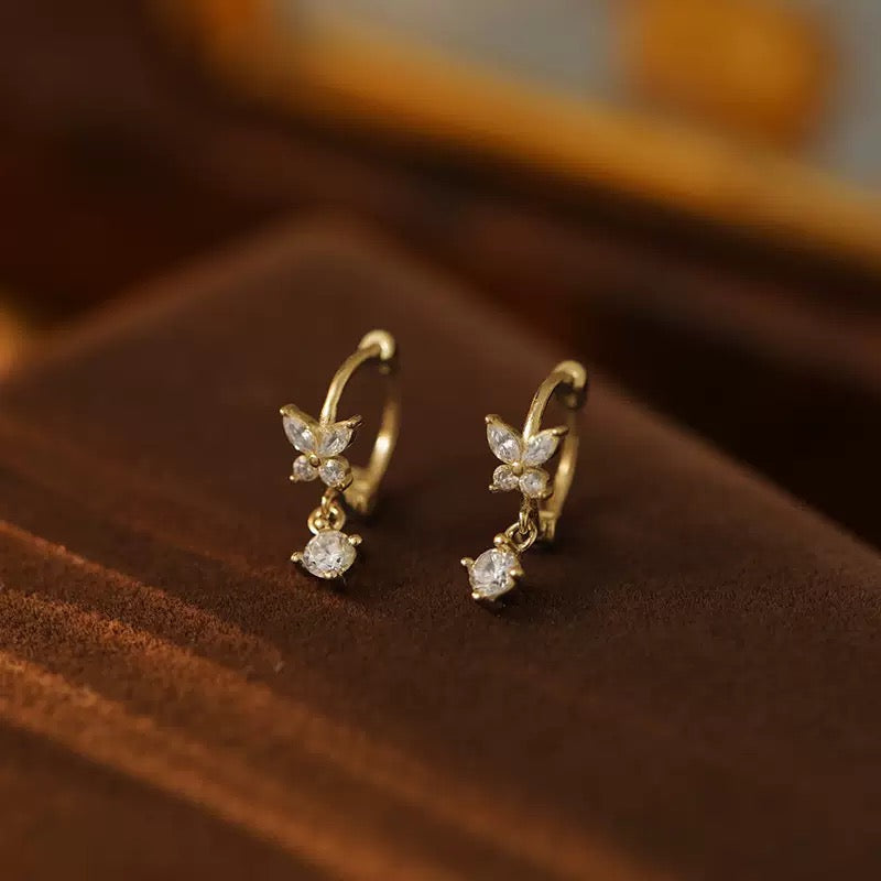 Sterling Silver CZ Butterfly & Crystal Drop Huggie Hoop Earrings
