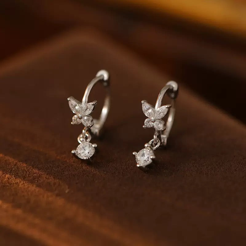 Sterling Silver CZ Butterfly & Crystal Drop Huggie Hoop Earrings