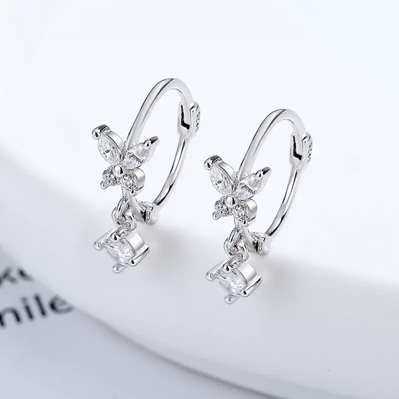 Sterling Silver CZ Butterfly & Crystal Drop Huggie Hoop Earrings