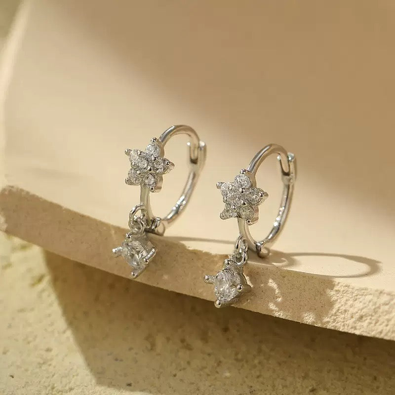 Sterling Silver CZ Flower & Crystal Drop Huggie Hoop Earrings