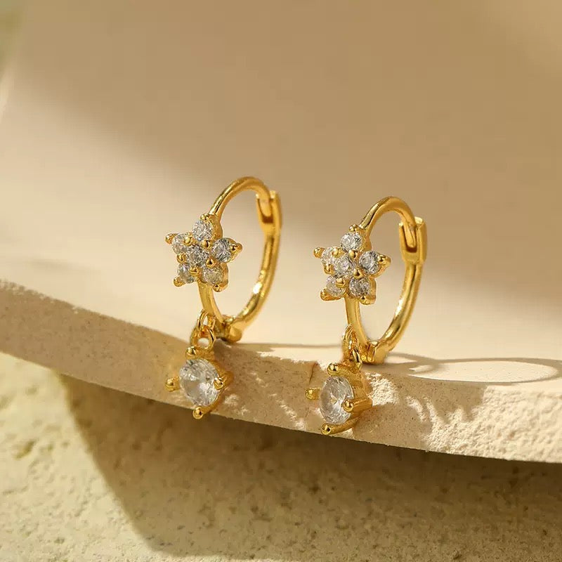 Sterling Silver CZ Flower & Crystal Drop Huggie Hoop Earrings