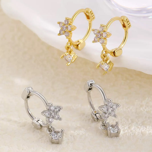 Sterling Silver CZ Flower & Crystal Drop Huggie Hoop Earrings